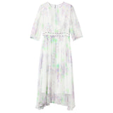 Womens Pastel Floral Silk Midi Dress Sheer Sleeve White Silk Dress