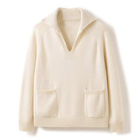 Women's Polo Cashmere Sweater with Pockets Relaxed Fit Cashmere Pullover