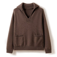 Women's Polo Cashmere Sweater with Pockets Relaxed Fit Cashmere Pullover
