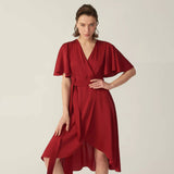 Womens Pure Silk Dress Short Sleeve Wrap Silk Midi Dresses