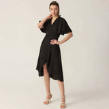 Womens Pure Silk Dress Short Sleeve Wrap Silk Midi Dresses