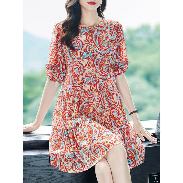 Womens Retro Silk Dress with Red Paisley Print Short Silk Dress Pink / S