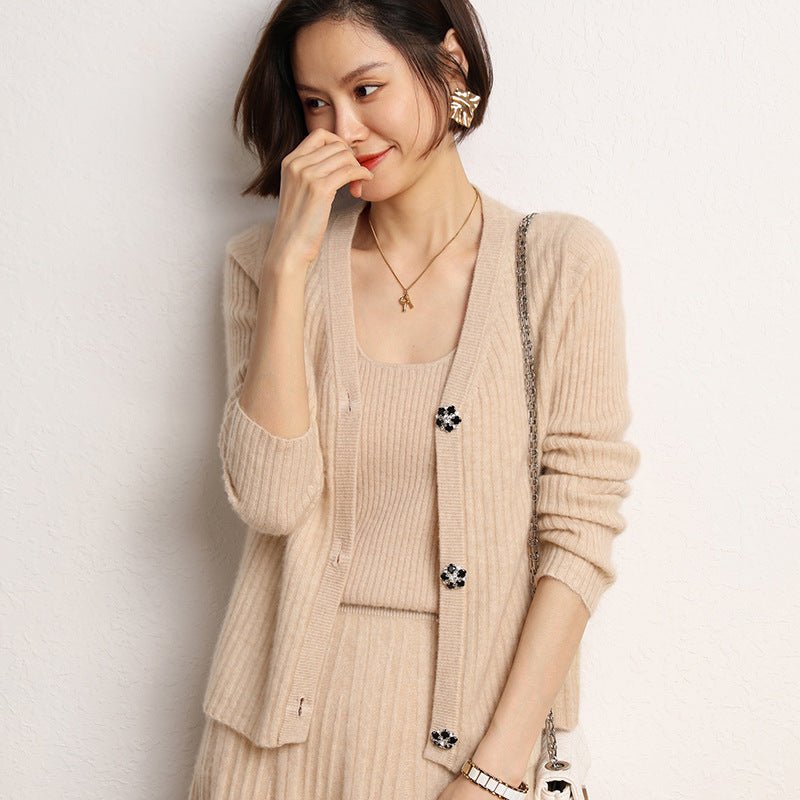 Womens Rib Knit Cashmere Cardigan Crystal Button Cashmere Sweater