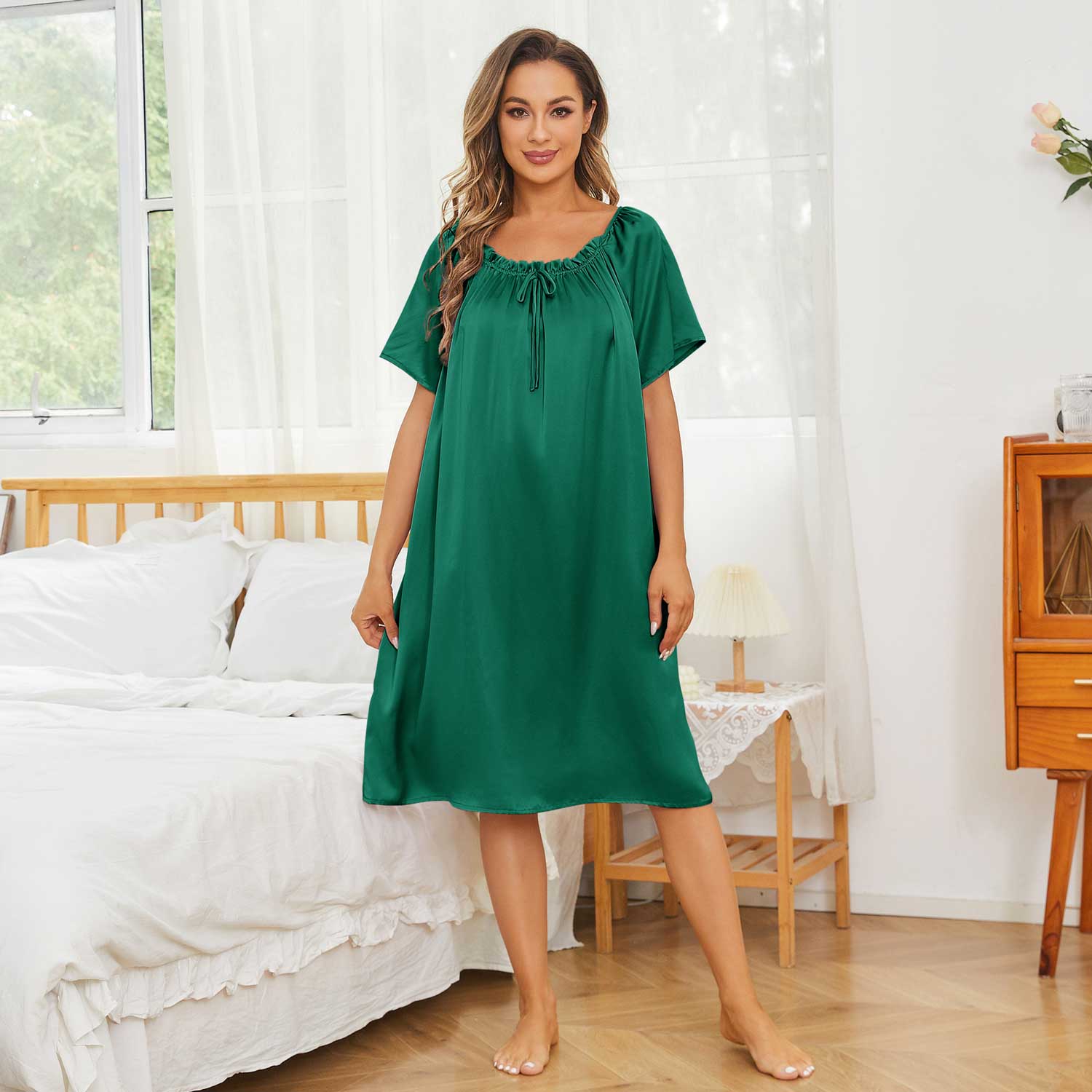 Loose Silk Nightgown for Womens Short Sleeve Silk Sleep Dress - slipintosoft