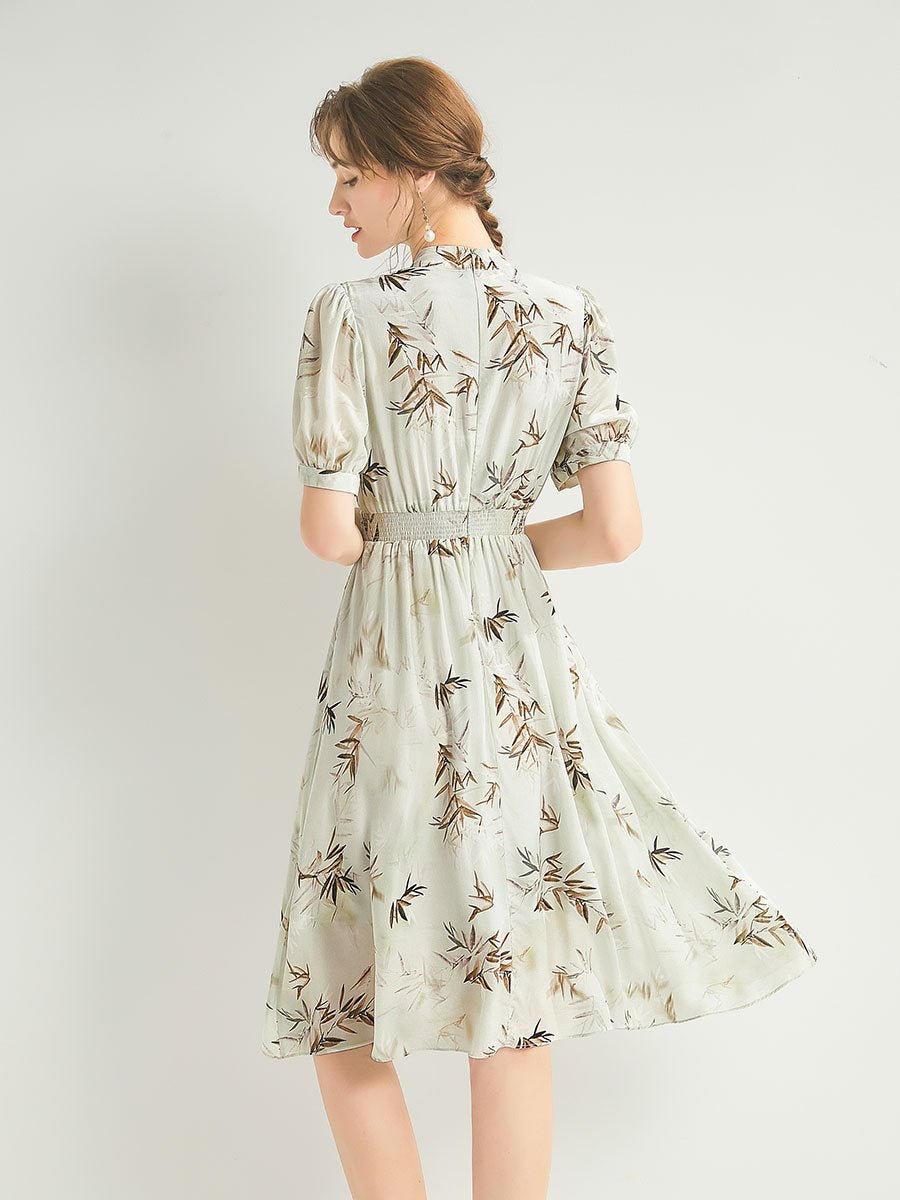 Womens Silk Chiffon Midi Dress Bamboo Print Green Silk Dress Smocked Waist