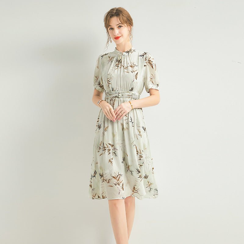Womens Silk Chiffon Midi Dress Bamboo Print Green Silk Dress Smocked Waist