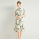 Womens Silk Chiffon Midi Dress Bamboo Print Green Silk Dress Smocked Waist