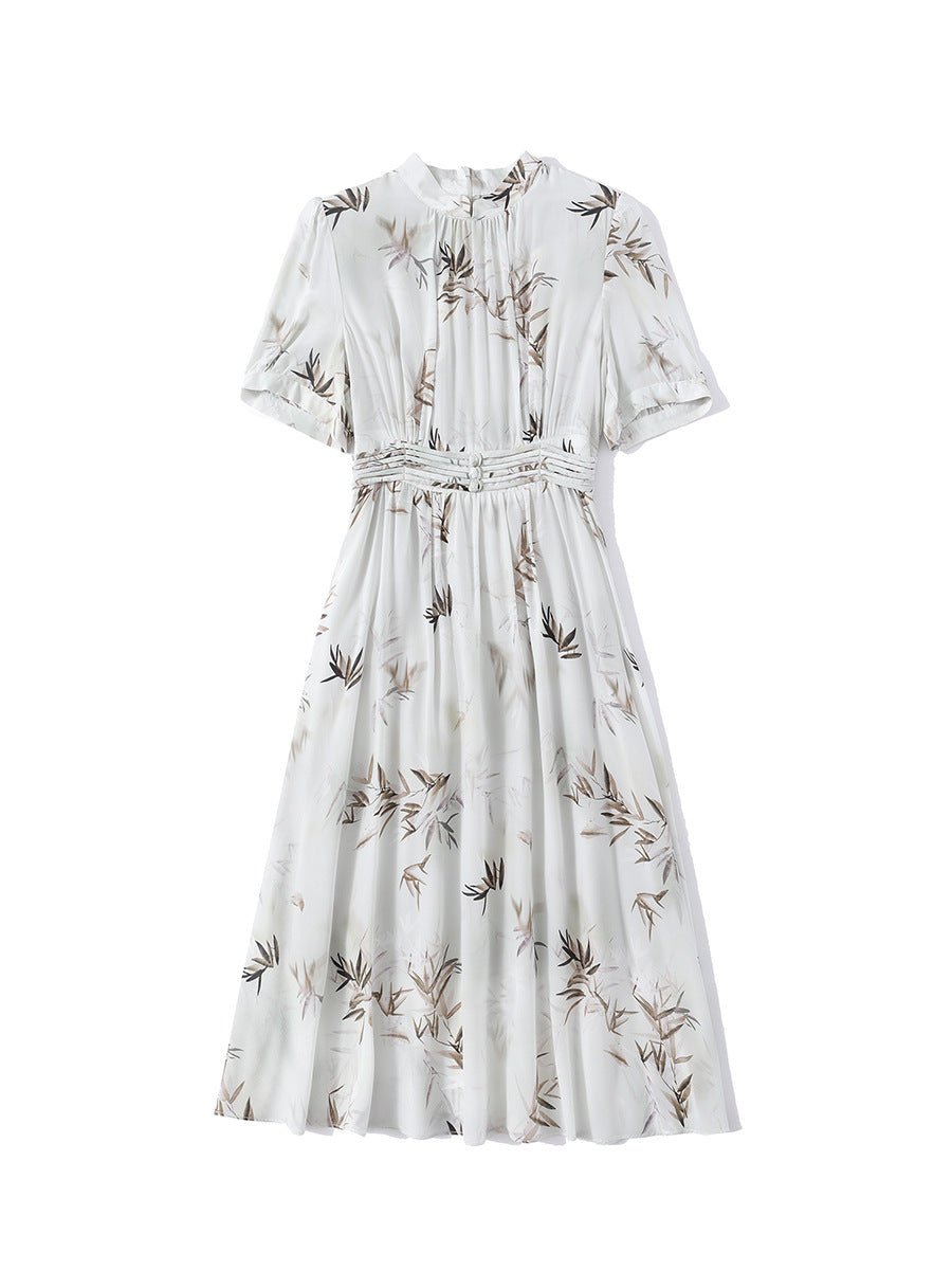 Womens Silk Chiffon Midi Dress Bamboo Print Green Silk Dress Smocked Waist