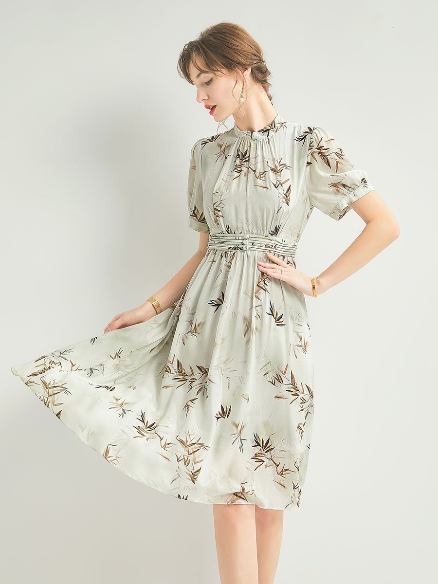 Womens Silk Chiffon Midi Dress Bamboo Print Green Silk Dress Smocked Waist