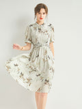 Womens Silk Chiffon Midi Dress Bamboo Print Green Silk Dress Smocked Waist