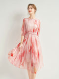 Womens Silk Chiffon Midi Dress Half Puff Sleeve Floral Silk Dress