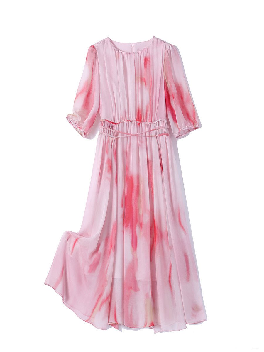 Womens Silk Chiffon Midi Dress Half Puff Sleeve Floral Silk Dress