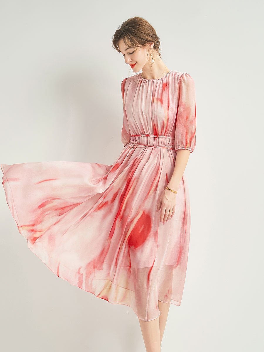 Womens Silk Chiffon Midi Dress Half Puff Sleeve Floral Silk Dress