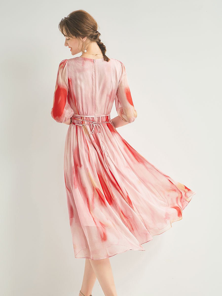 Womens Silk Chiffon Midi Dress Half Puff Sleeve Floral Silk Dress