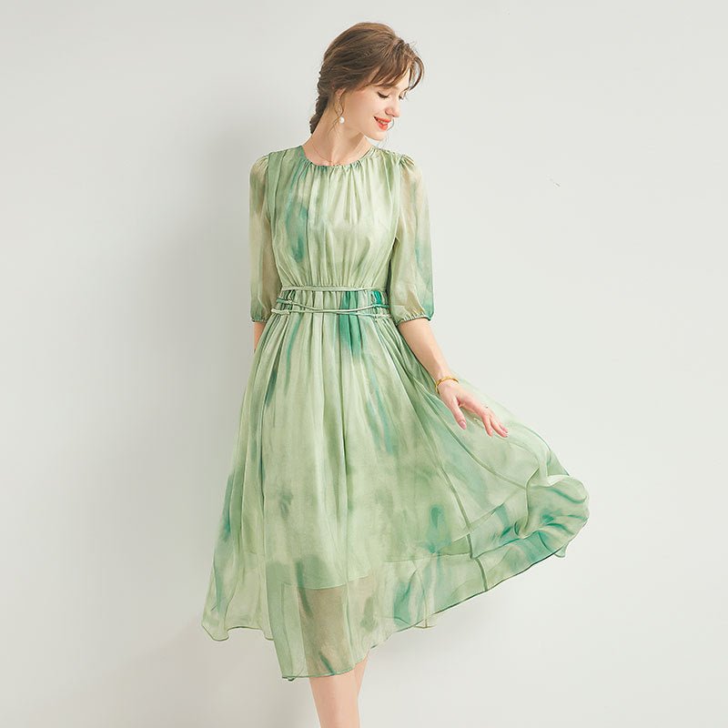 Womens Silk Chiffon Midi Dress Half Puff Sleeve Floral Silk Dress