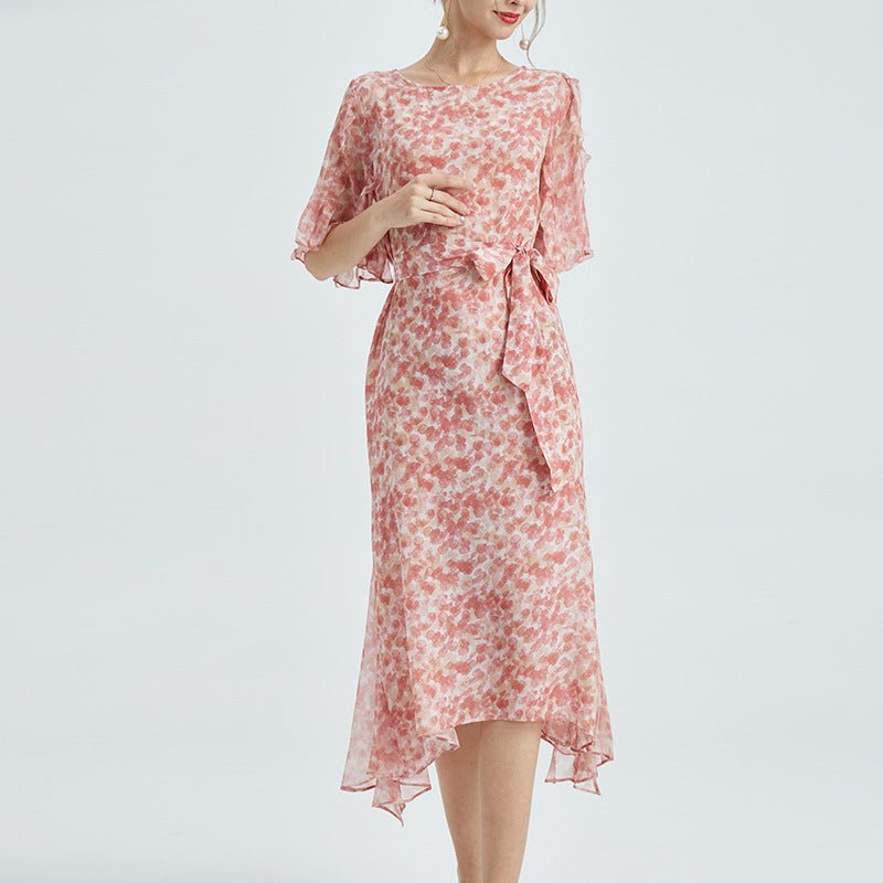 Womens Silk Chiffon Midi Dress Ruffle Sleeves Floral Silk Dress Waist Tie