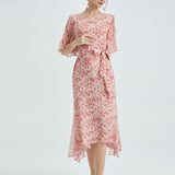Womens Silk Chiffon Midi Dress Ruffle Sleeves Floral Silk Dress Waist Tie
