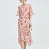 Womens Silk Chiffon Midi Dress Ruffle Sleeves Floral Silk Dress Waist Tie