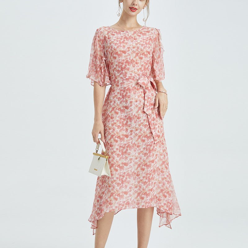 Womens Silk Chiffon Midi Dress Ruffle Sleeves Floral Silk Dress Waist Tie