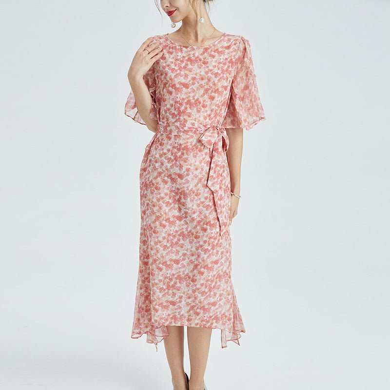 Womens Silk Chiffon Midi Dress Ruffle Sleeves Floral Silk Dress Waist Tie