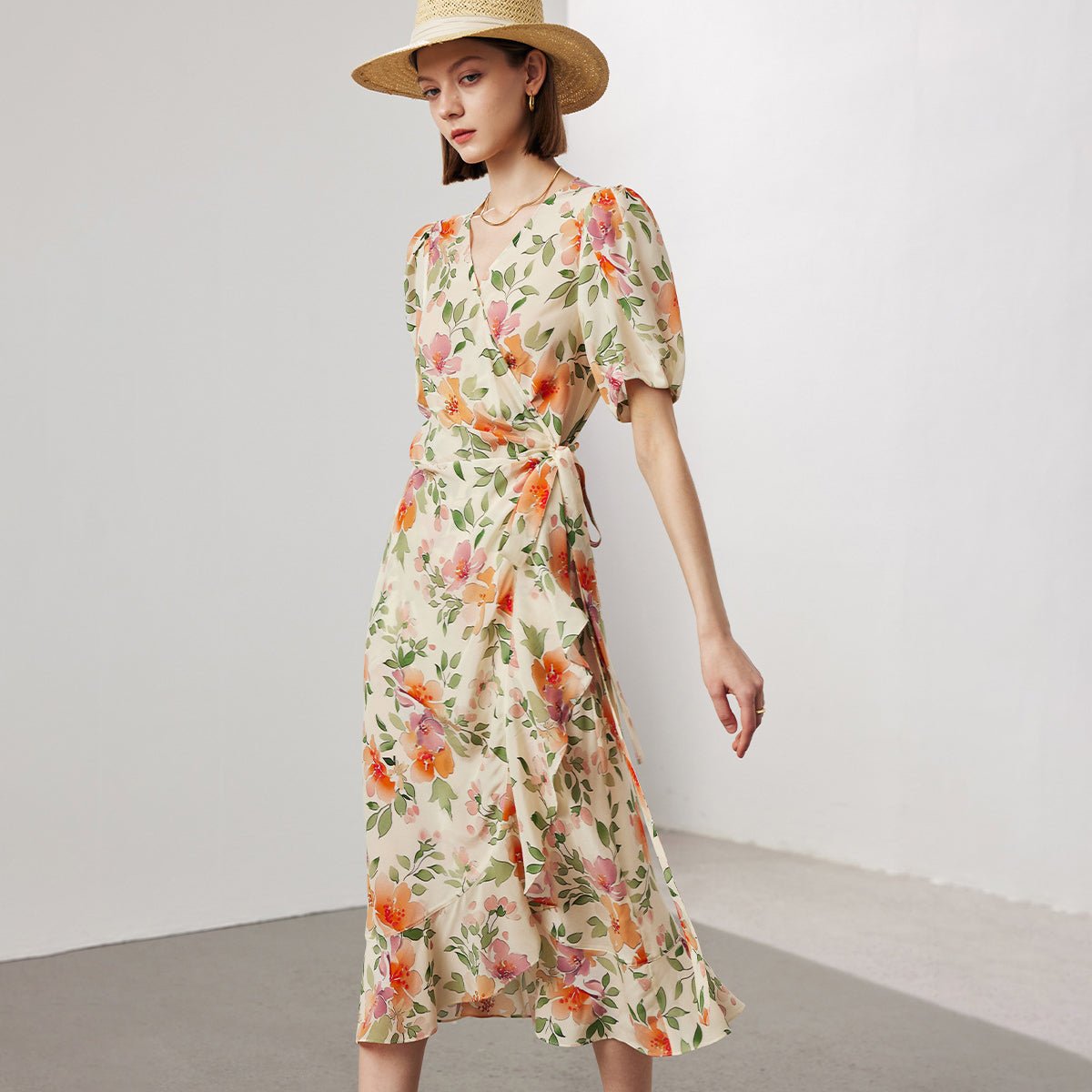 wrap summer dress midi Womens Silk Floral Dress with Puff Sleeve Silk Midi Wrap Dress Beige / XS