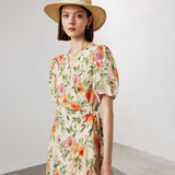 Womens Silk Floral Dress with Puff Sleeve Silk Midi Wrap Dress Spring Summer Beige XS