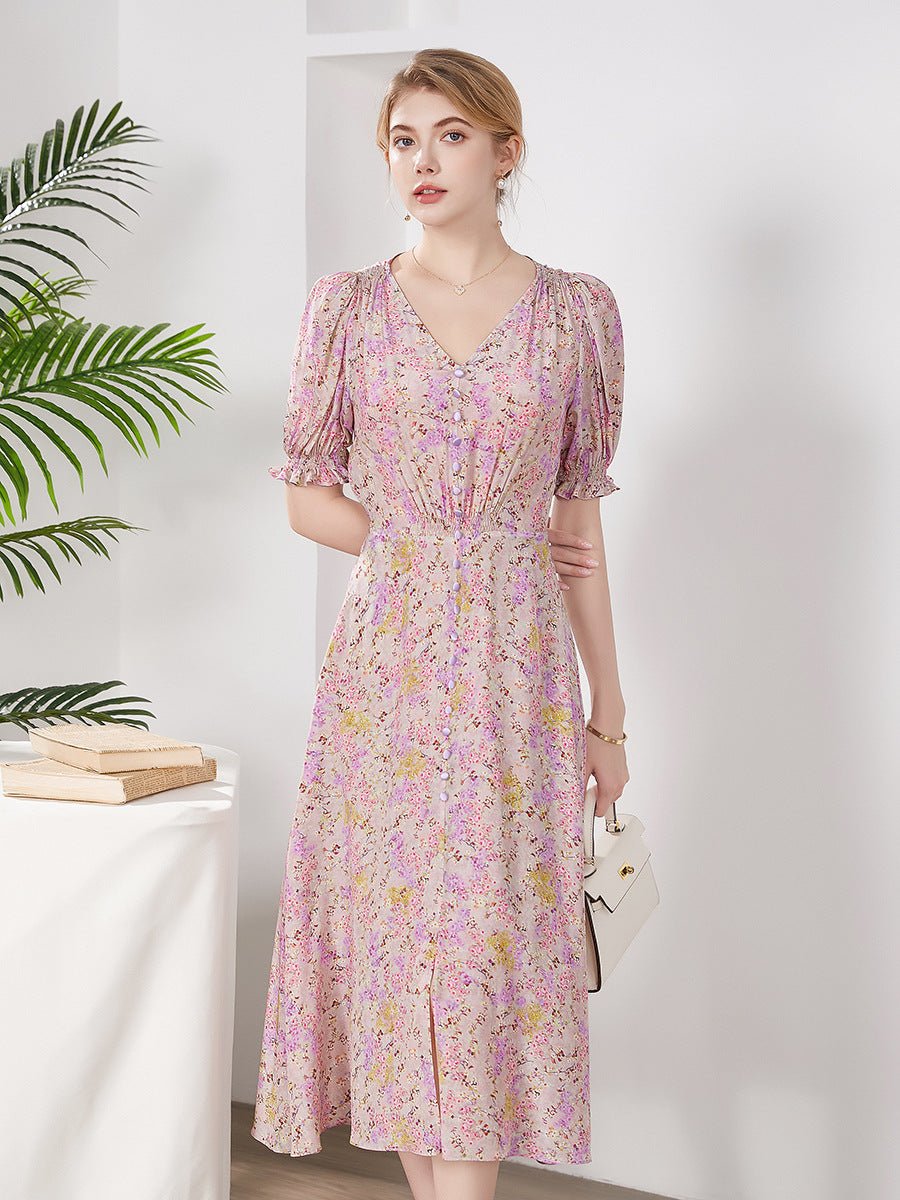 Womens Silk Floral Midi Dress Ruched Bodice Puff Sleeve Pink Silk Dress