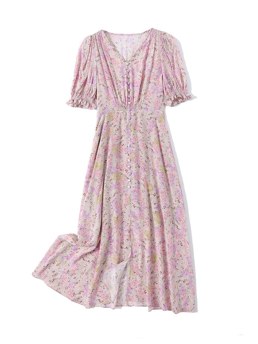Womens Silk Floral Midi Dress Ruched Bodice Puff Sleeve Pink Silk Dress