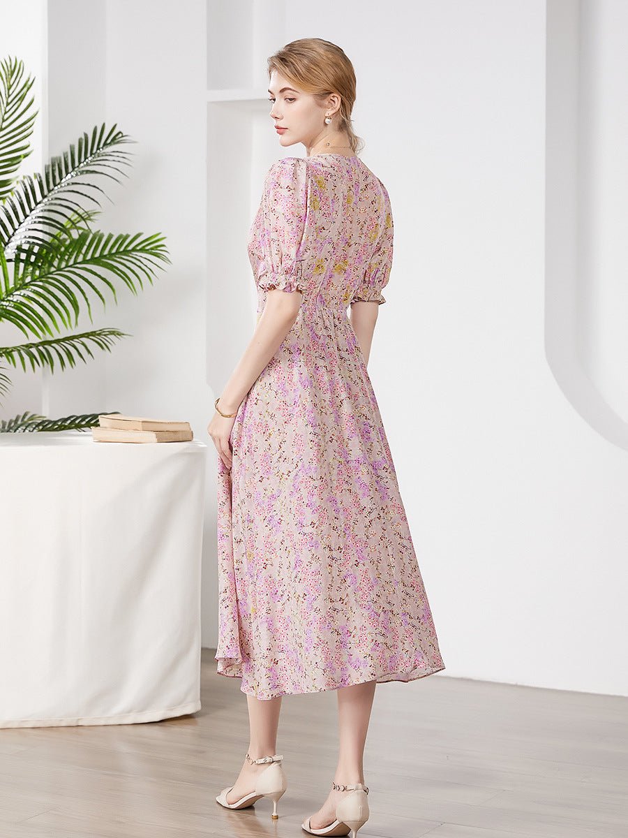 Womens Silk Floral Midi Dress Ruched Bodice Puff Sleeve Pink Silk Dress