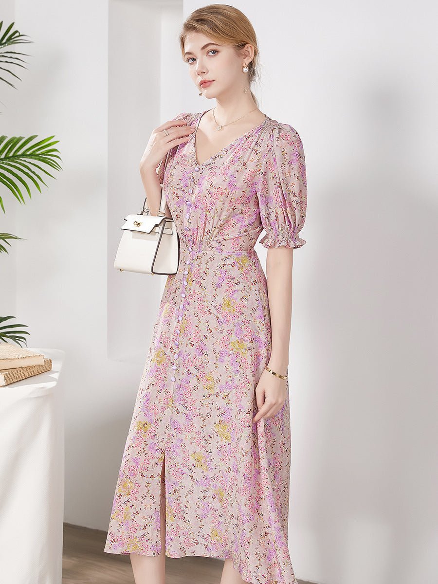 Womens Silk Floral Midi Dress Ruched Bodice Puff Sleeve Pink Silk Dress