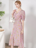 Womens Silk Floral Midi Dress Ruched Bodice Puff Sleeve Pink Silk Dress