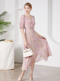 Womens Silk Floral Midi Dress Ruched Bodice Puff Sleeve Pink Silk Dress