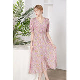 Womens Silk Floral Midi Dress Ruched Bodice Puff Sleeve Pink Silk Dress