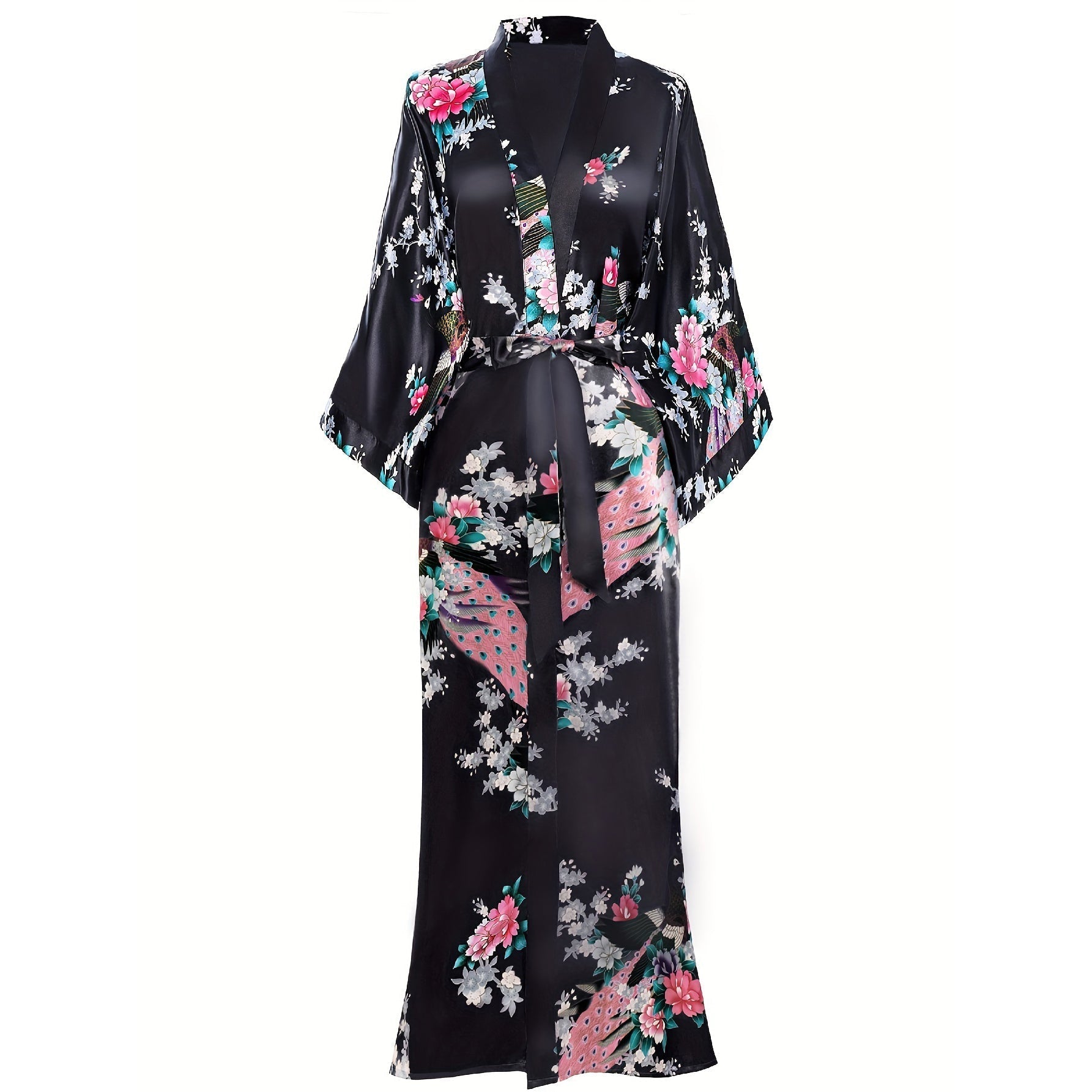 Womens Silk Kimono Peacock and Floral Print Kimono Silk Long Silk Robe