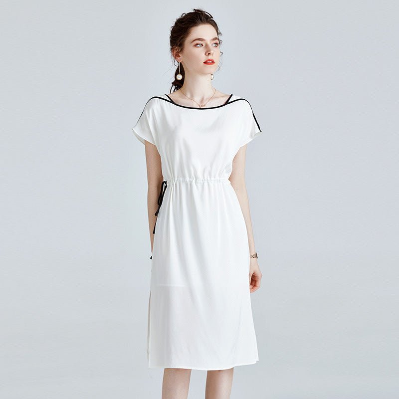 Womens Silk Midi Dress Contrast Trim Drawstring Waist White Silk Dress