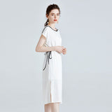 Womens Silk Midi Dress Contrast Trim Drawstring Waist White Silk Dress