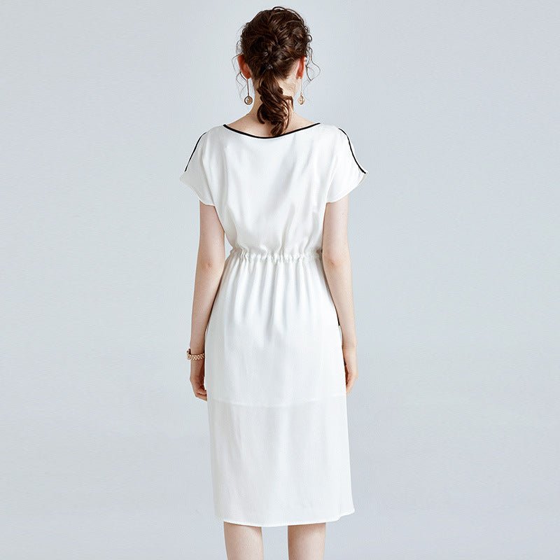 Womens Silk Midi Dress Contrast Trim Drawstring Waist White Silk Dress