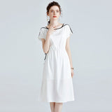 Womens Silk Midi Dress Contrast Trim Drawstring Waist White Silk Dress