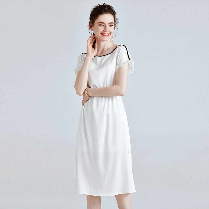 Womens Silk Midi Dress Contrast Trim Drawstring Waist White Silk Dress