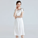Womens Silk Midi Dress Contrast Trim Drawstring Waist White Silk Dress
