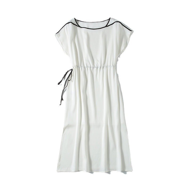 Womens Silk Midi Dress Contrast Trim Drawstring Waist White Silk Dress