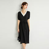 Womens Silk Midi Dress Contrast V - Neck Waist Tie Black Silk Dress