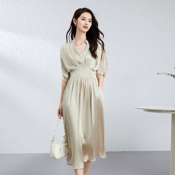 Womens Silk Midi Dress Draped V-Neck Cinched Waist Long Silk Dress Champagne / Xs