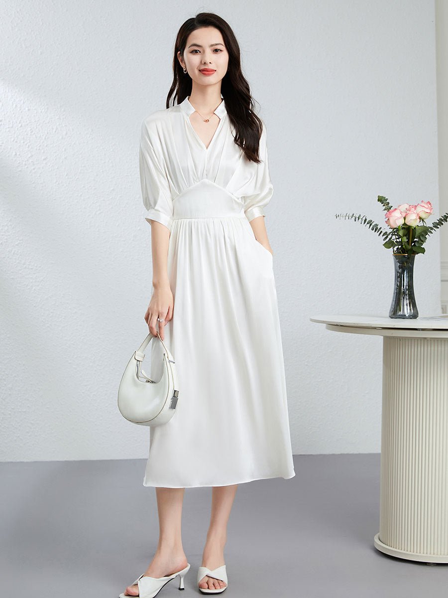 Womens Silk Midi Dress Draped V - Neck Cinched Waist Long Silk Dress