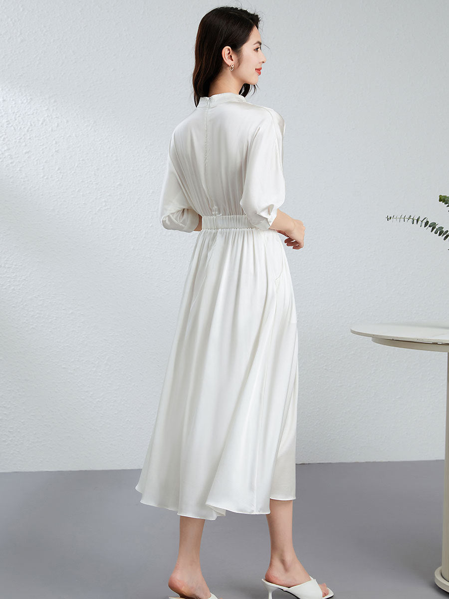 Womens Silk Midi Dress Draped V - Neck Cinched Waist Long Silk Dress