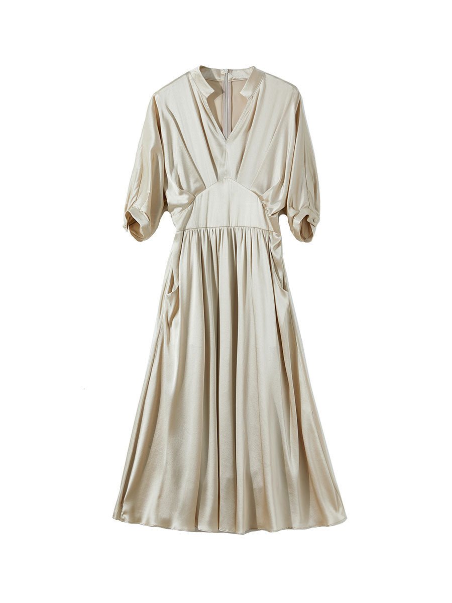 Womens Silk Midi Dress Draped V - Neck Cinched Waist Long Silk Dress