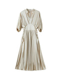 Womens Silk Midi Dress Draped V - Neck Cinched Waist Long Silk Dress