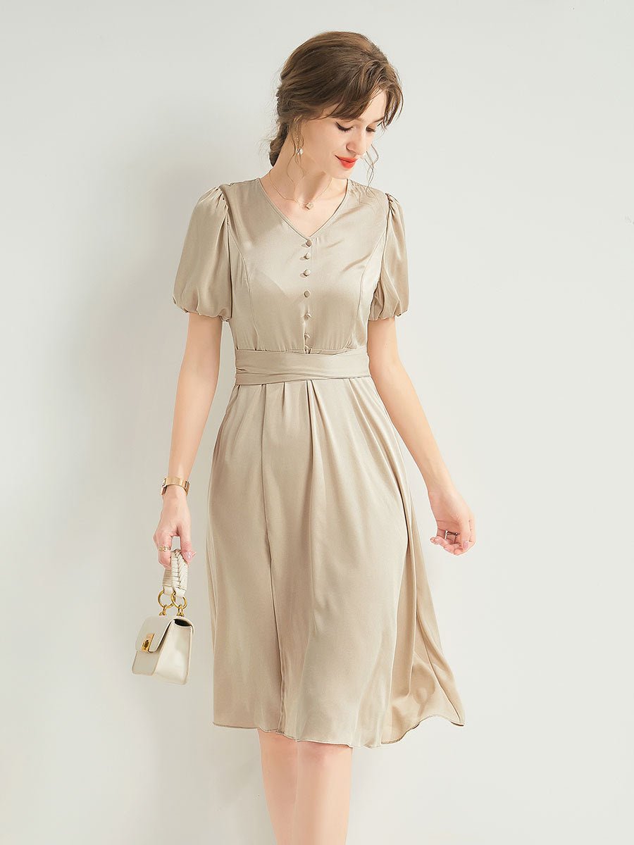 Womens Silk Midi Dress Puff Sleeves Pleated Waist Silk Dresses