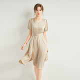 Womens Silk Midi Dress Puff Sleeves Pleated Waist Silk Dresses