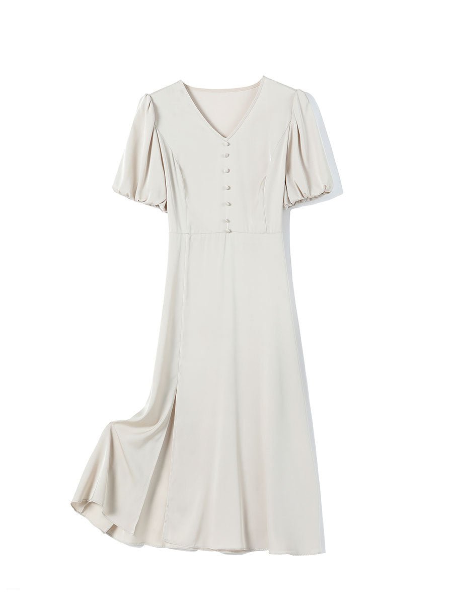 Womens Silk Midi Dress Puff Sleeves Pleated Waist Silk Dresses
